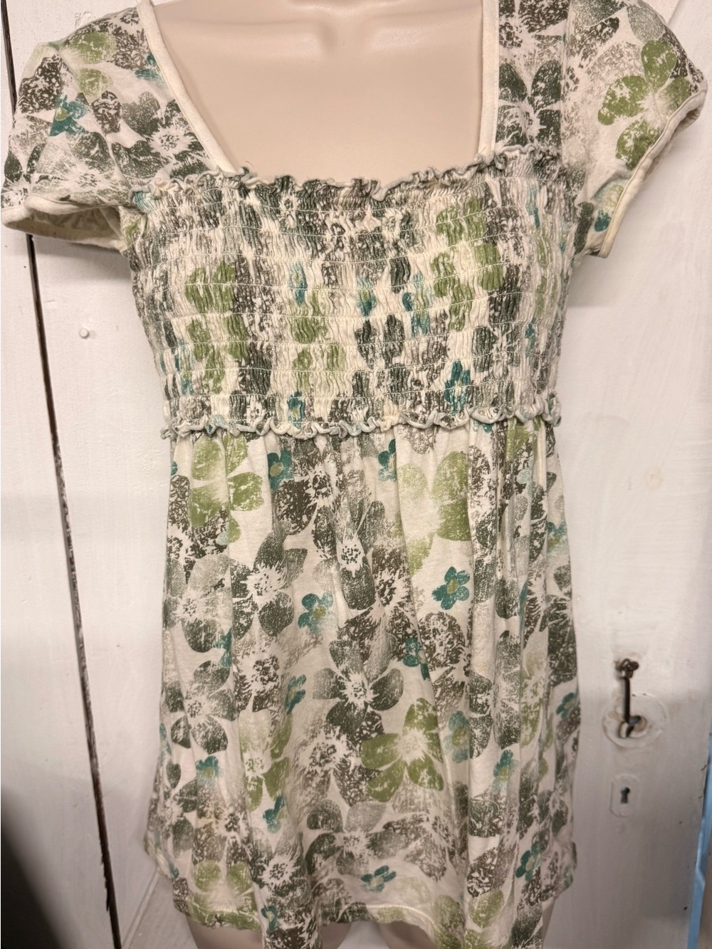 FANG Smocked Floral Babydoll Top in Sage & Teal